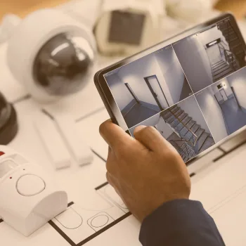 Tablette affichant les images de caméras de surveillance, à côté de caméras dôme