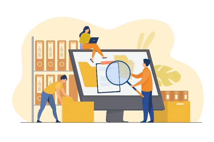 Illustration : deux personnes analysant l'informatique avec une loupe devant un grand écran