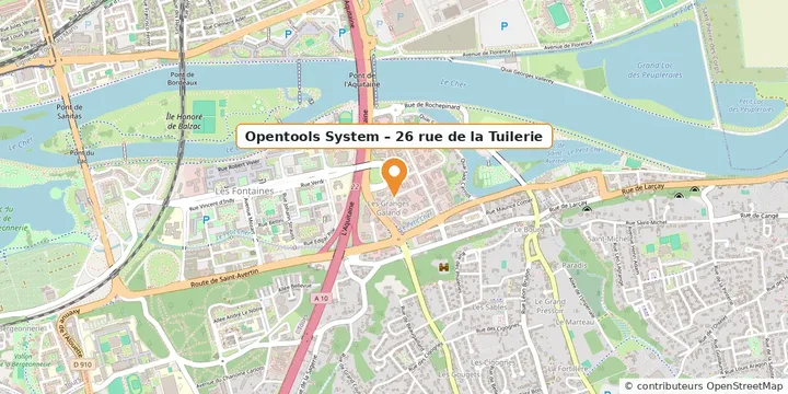 Plan d'accès : Opentools System, 26 rue de la Tuilerie, 37550 Saint-Avertin, quartier des Granges Galand, entre la route de Saint-Avertin et le Cher, près de l'autoroute A10