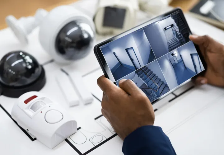 Tablette affichant les images de caméras de surveillance, à côté de caméras dôme