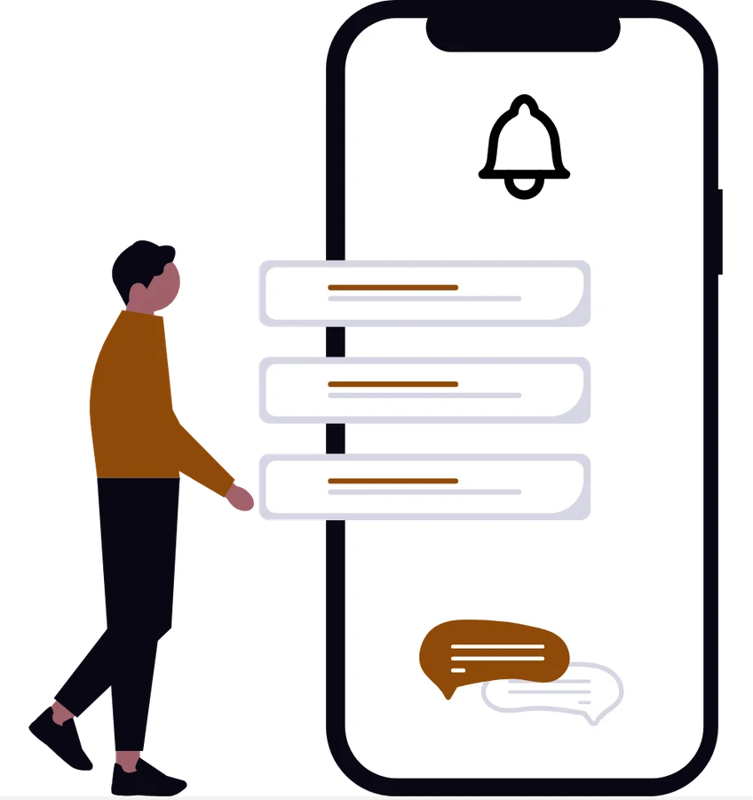 Illustration : une personne devant un téléphone affichant des notifications